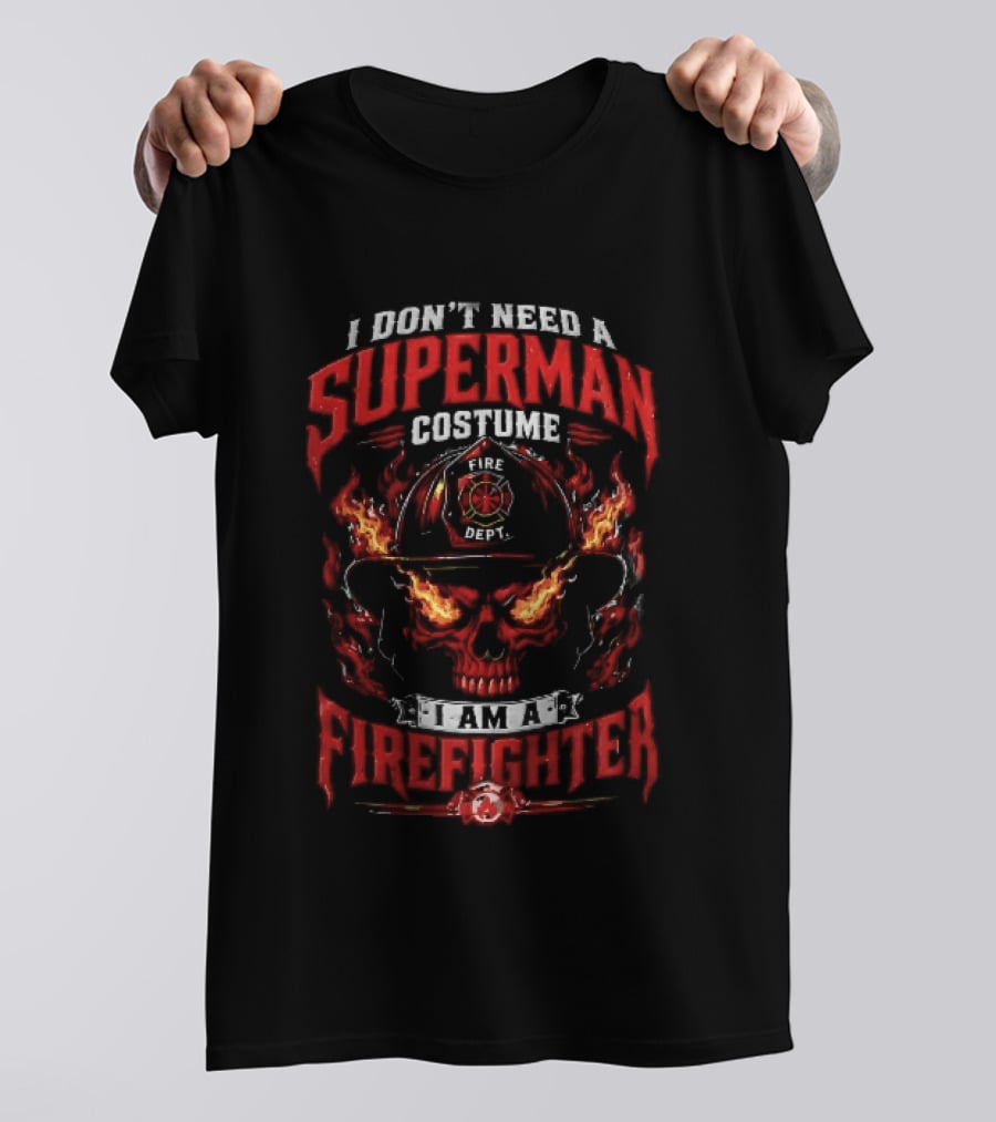 I Dont Need A Superman Costume Am Firefighter Flaming Skull Helmet Fire Dept Orange Flames T-Shirt