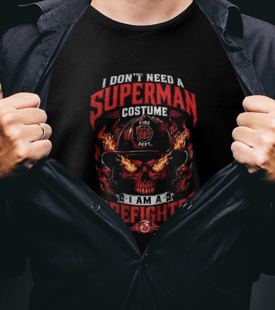 I Dont Need A Superman Costume Am Firefighter Flaming Skull Helmet Fire Dept Orange Flames T-Shirt