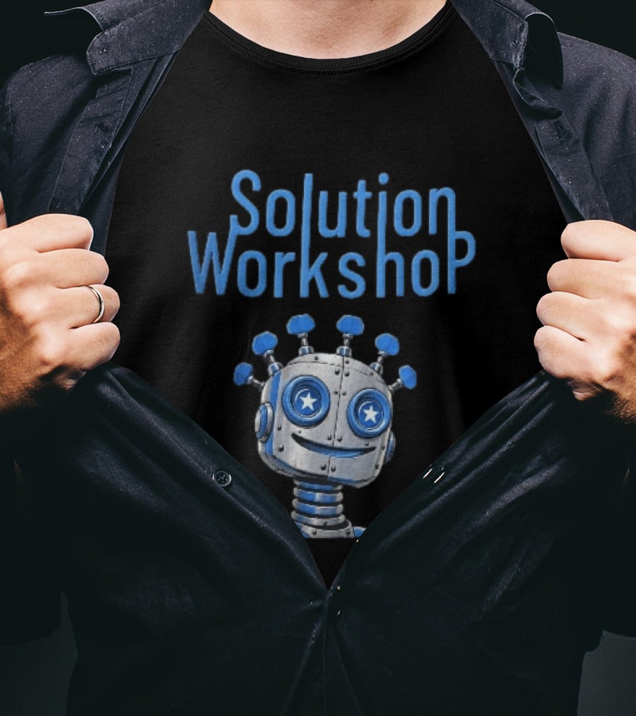 Solution Workshop Cartoon Metallic Robot Head With Star Eyes And Guitar Tuning Pegs T-Shirt