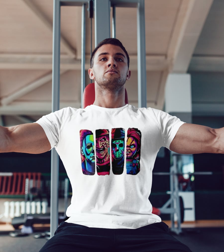 Fluorescent Horror Movie Slasher Faces Vertical Panels T-Shirt