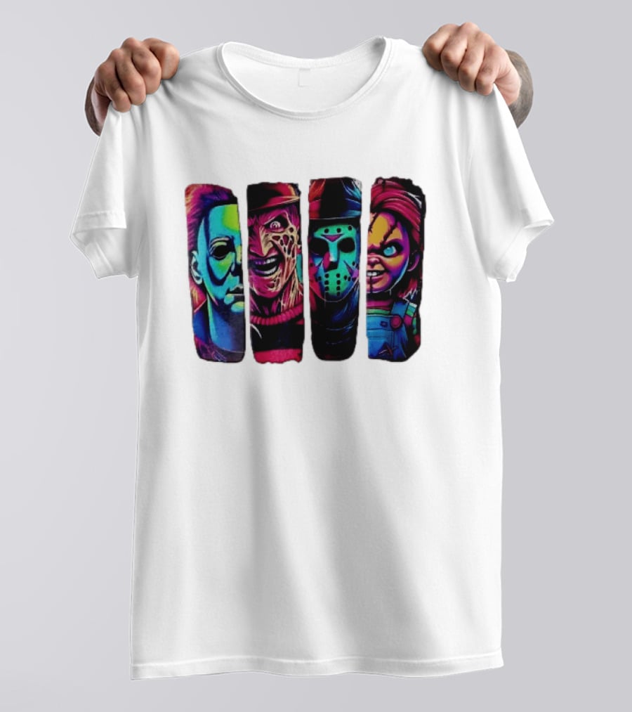 Fluorescent Horror Movie Slasher Faces Vertical Panels T-Shirt