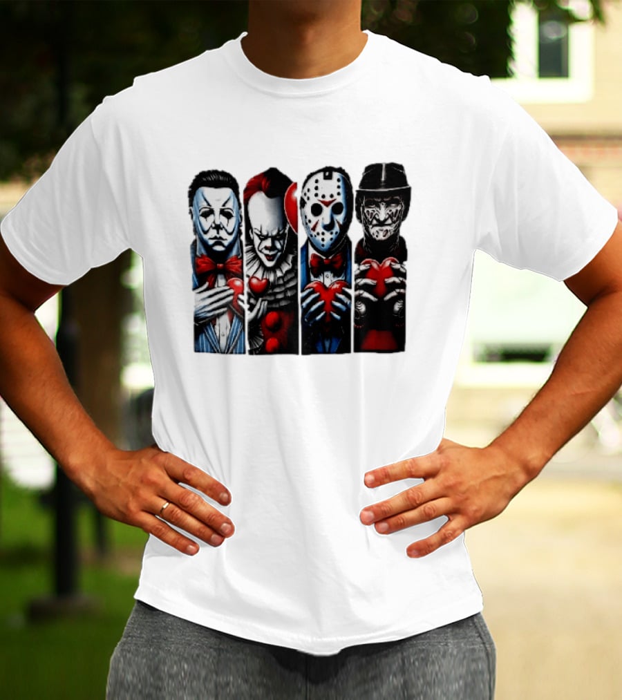 Classic Horror Villains With Red Valentine Hearts T-Shirt
