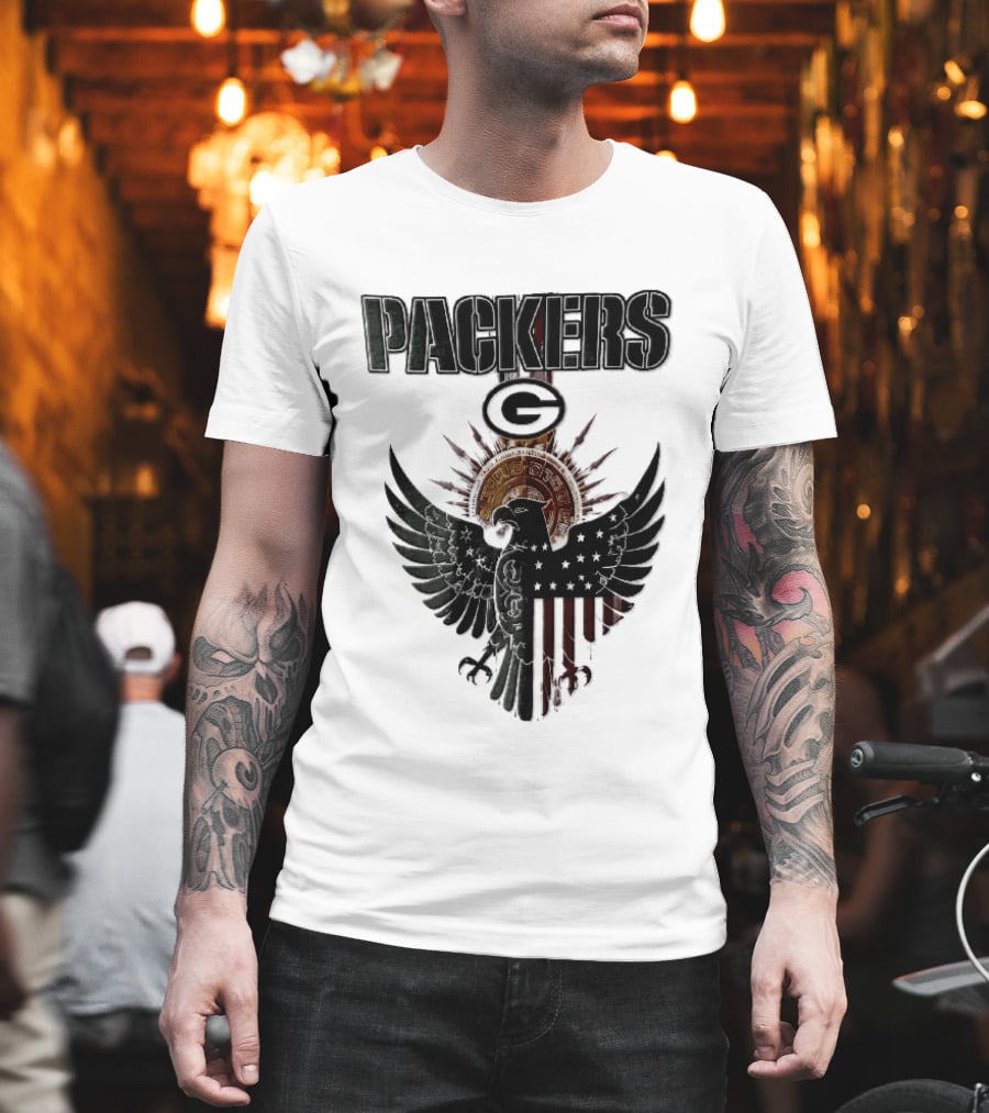 Packers Green Bay Eagle American Flag Aztec Sun T-Shirt