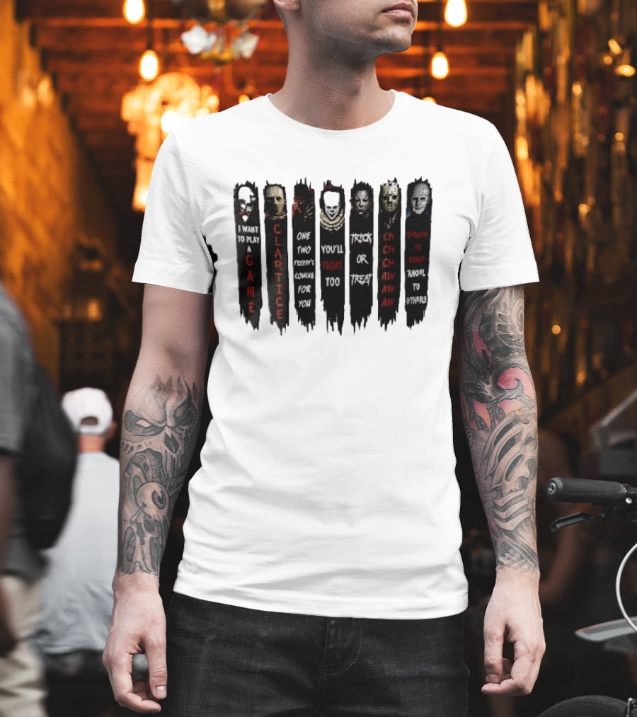 I Want To Play A Game Clarice You'll Float Too Trick Or Treat Horror Movie Villains Banners T-Shirt