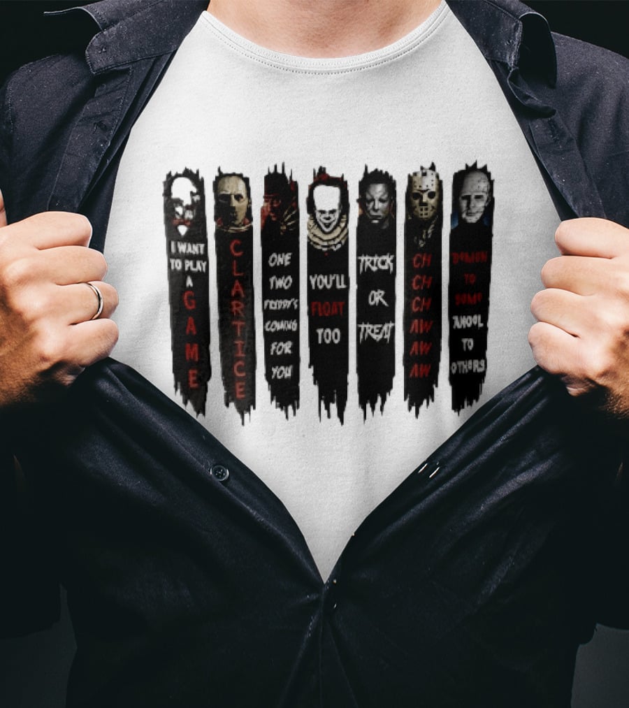 I Want To Play A Game Clarice You'll Float Too Trick Or Treat Horror Movie Villains Banners T-Shirt