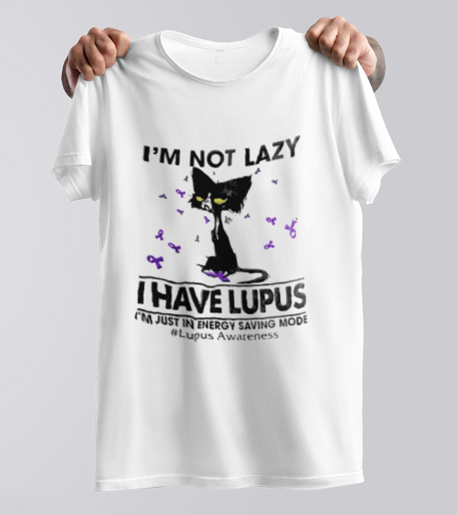 I'm Not Lazy I Have Lupus Energy Saving Mode Lupus Awareness Cat With Purple Ribbons T-Shirt