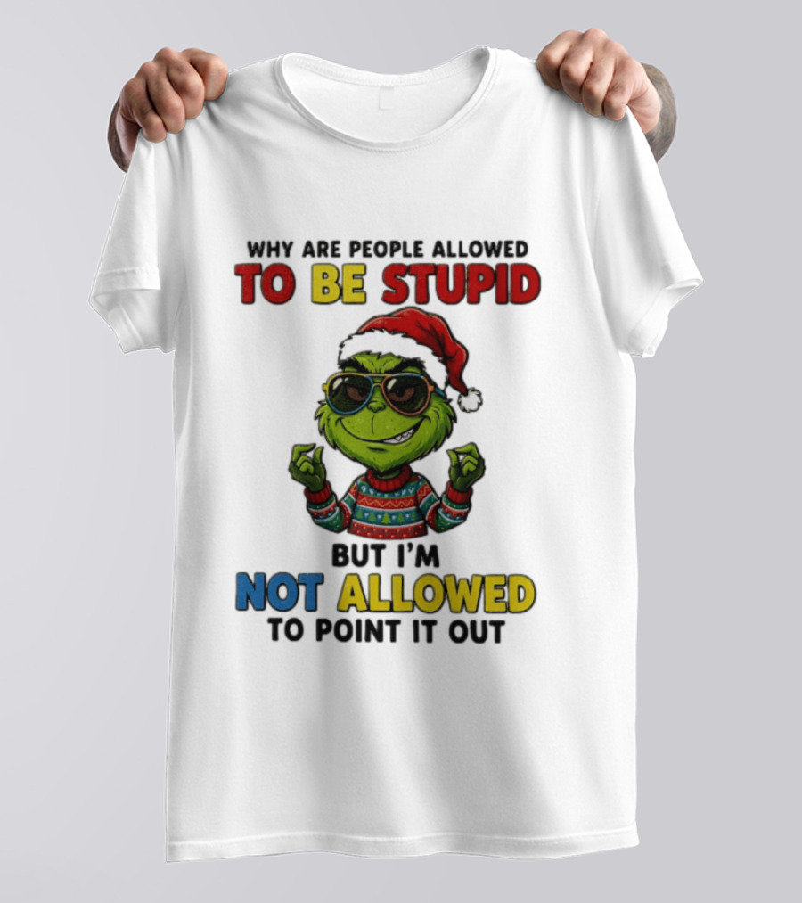 The Grinch Why Are People Allowed To Be Stupid But I'm Not Allowed To Point It Out Christmas Sweater Sunglasses Santa Hat T-Shirt