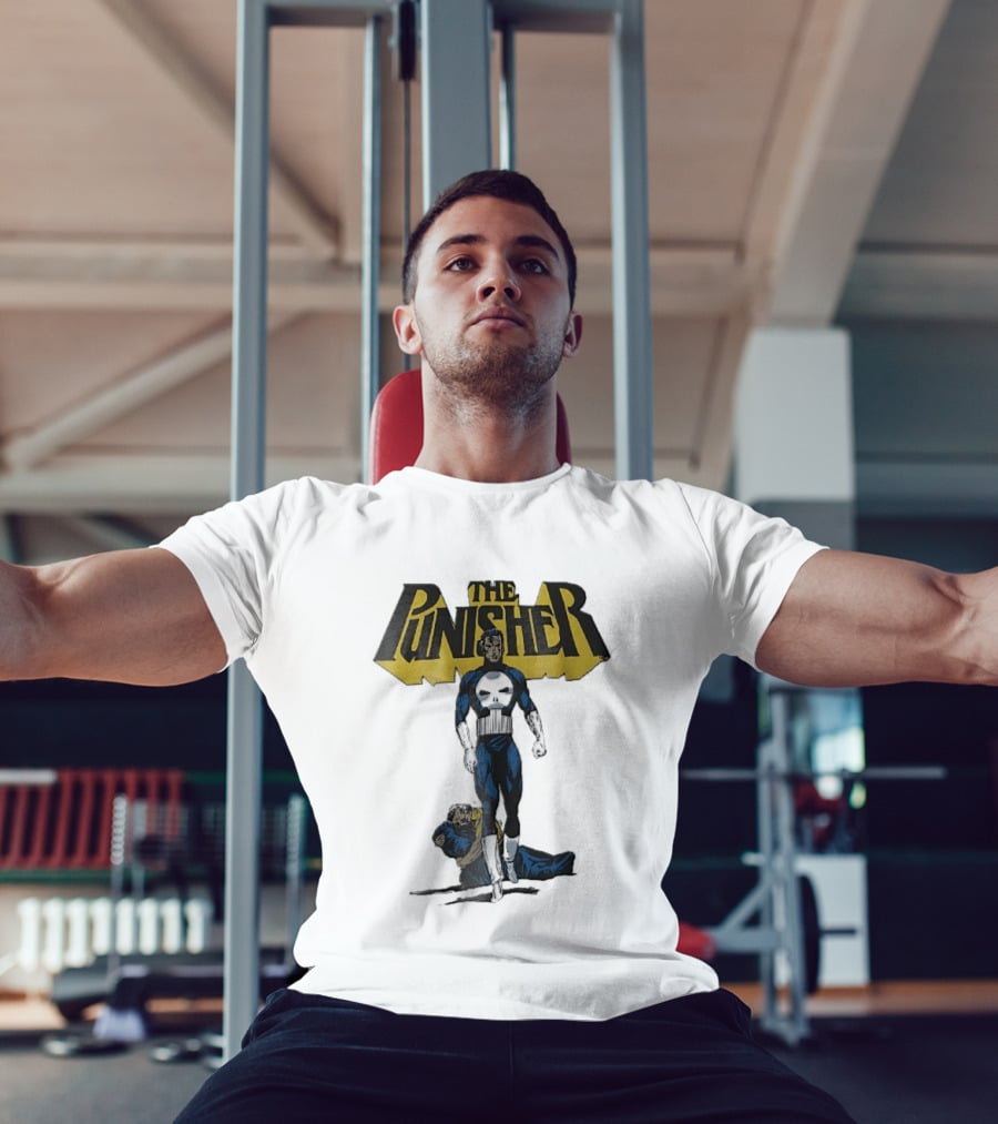 The Punisher Superhero Skull Comic Walking Scene With Defeated Man T-Shirt