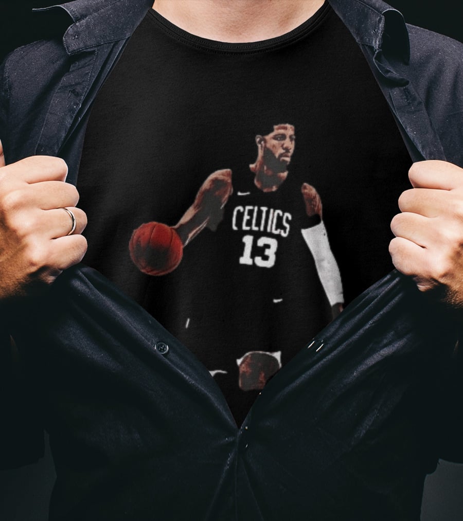 Boston Celtics 13 Bearded Basketball Player Dribbling Dark T-Shirt