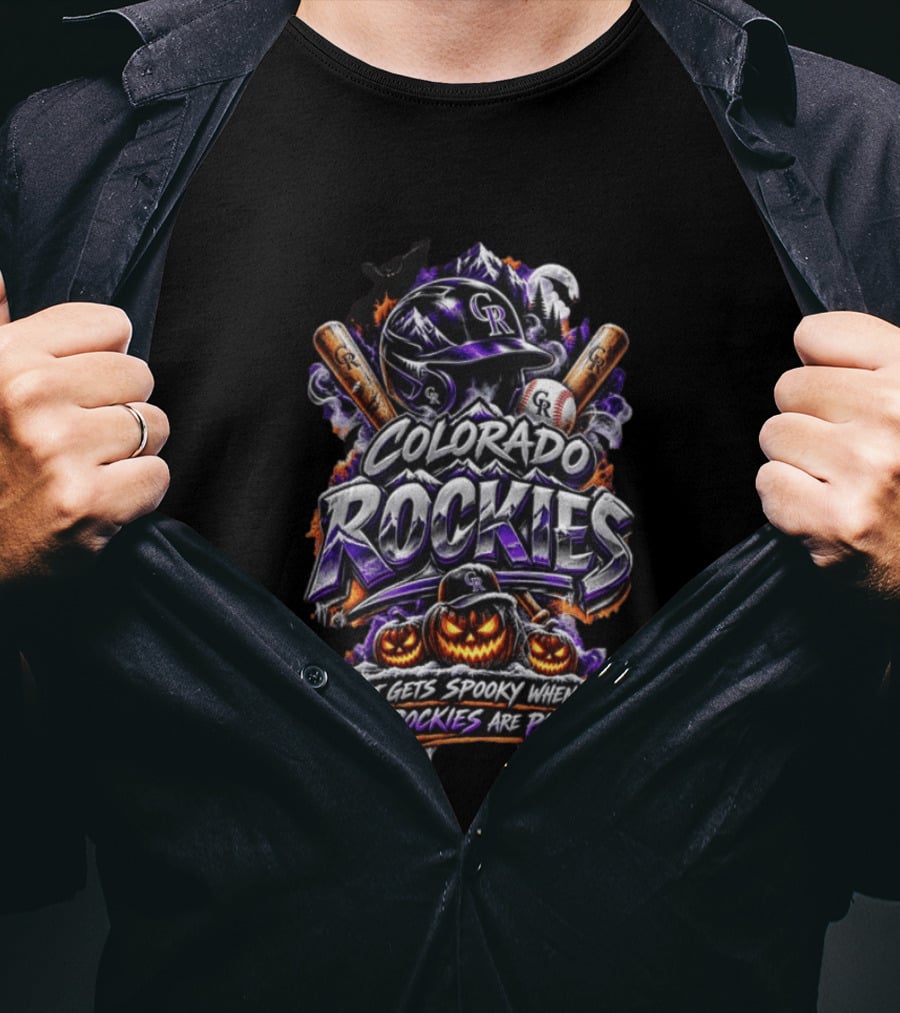 Colorado Rockies Spooky Halloween Baseball Theme With Bats And Pumpkin T-Shirt
