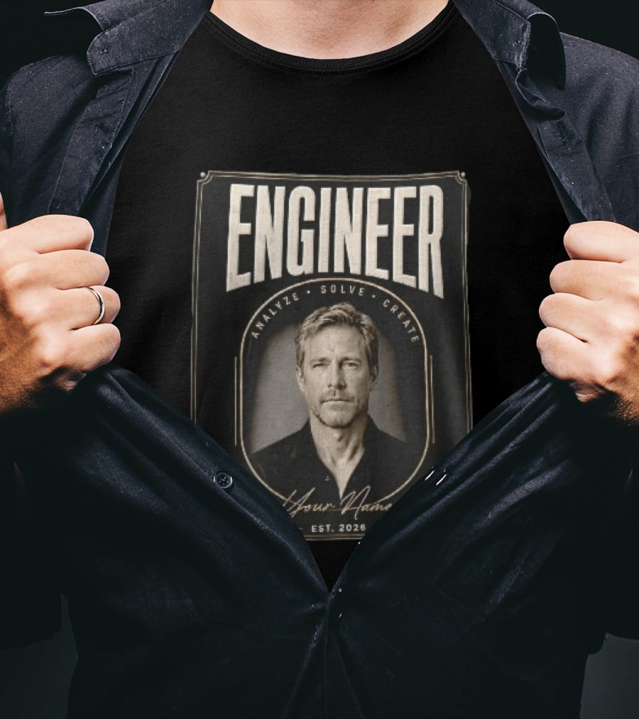 Engineer Analyze Solve Create Portrait Your Name Est 2026 Man Arch Gold Frame T-Shirt