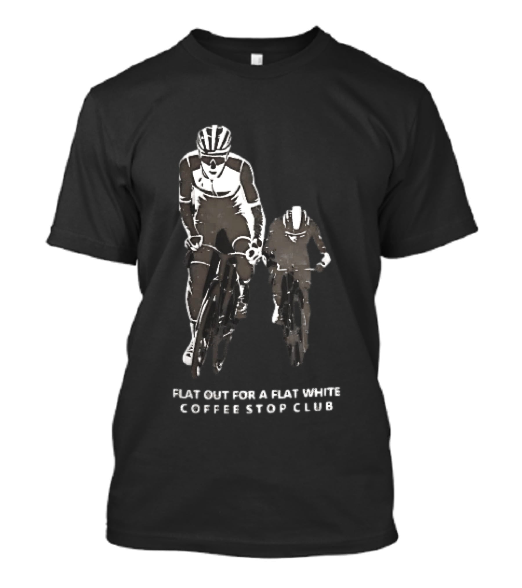 Flat Out For A Flat White Coffee Stop Club Two Road Cyclists Riding Bicycles Black T-Shirt