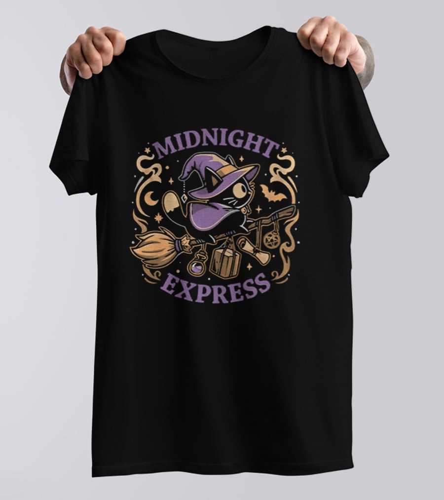 Midnight Express Witchy Cat Magic Broom Halloween T-Shirt