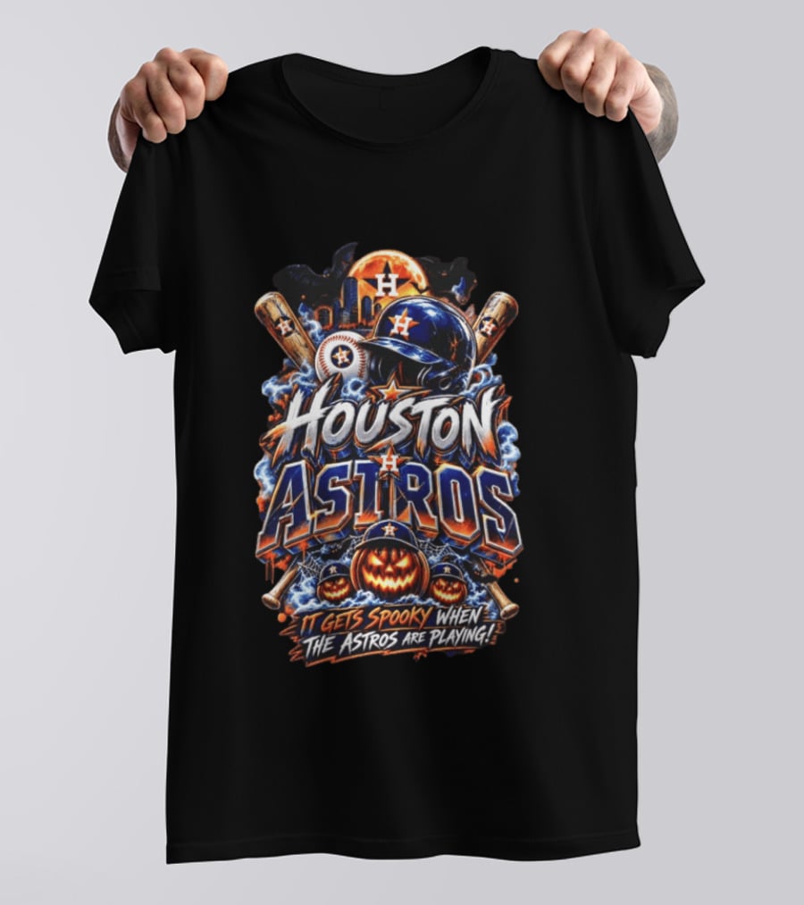 Houston Astros Halloween Spooky Theme With Pumpkins And Bats T-Shirt
