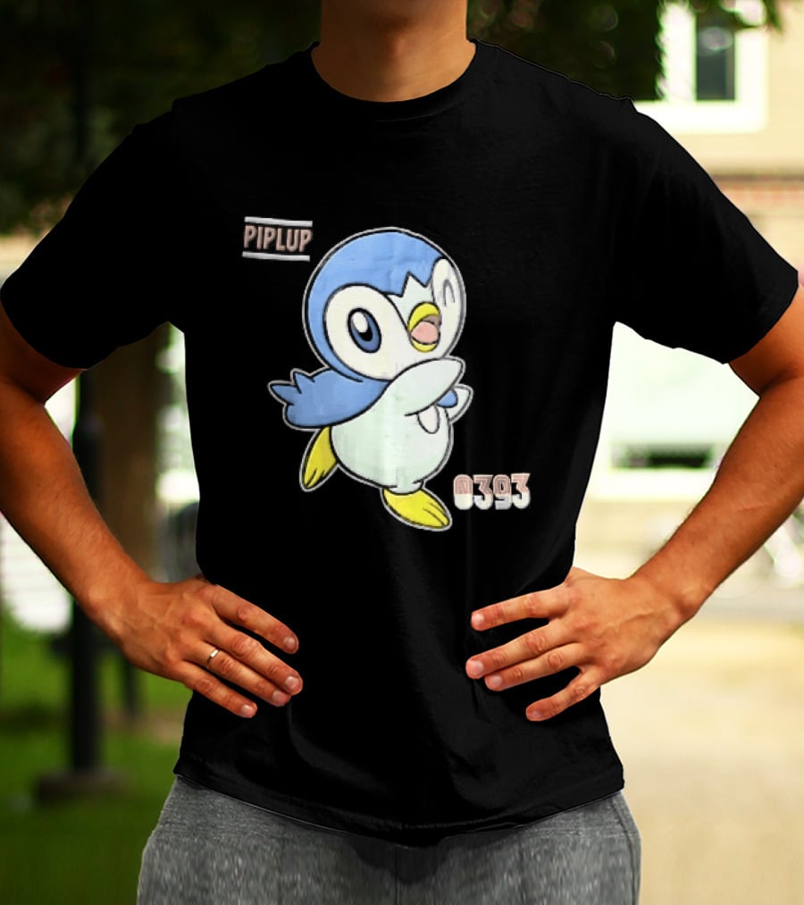 Piplup 0393 Cartoon Penguin Waving Paper Crease Sticker Yellow Feet T-Shirt