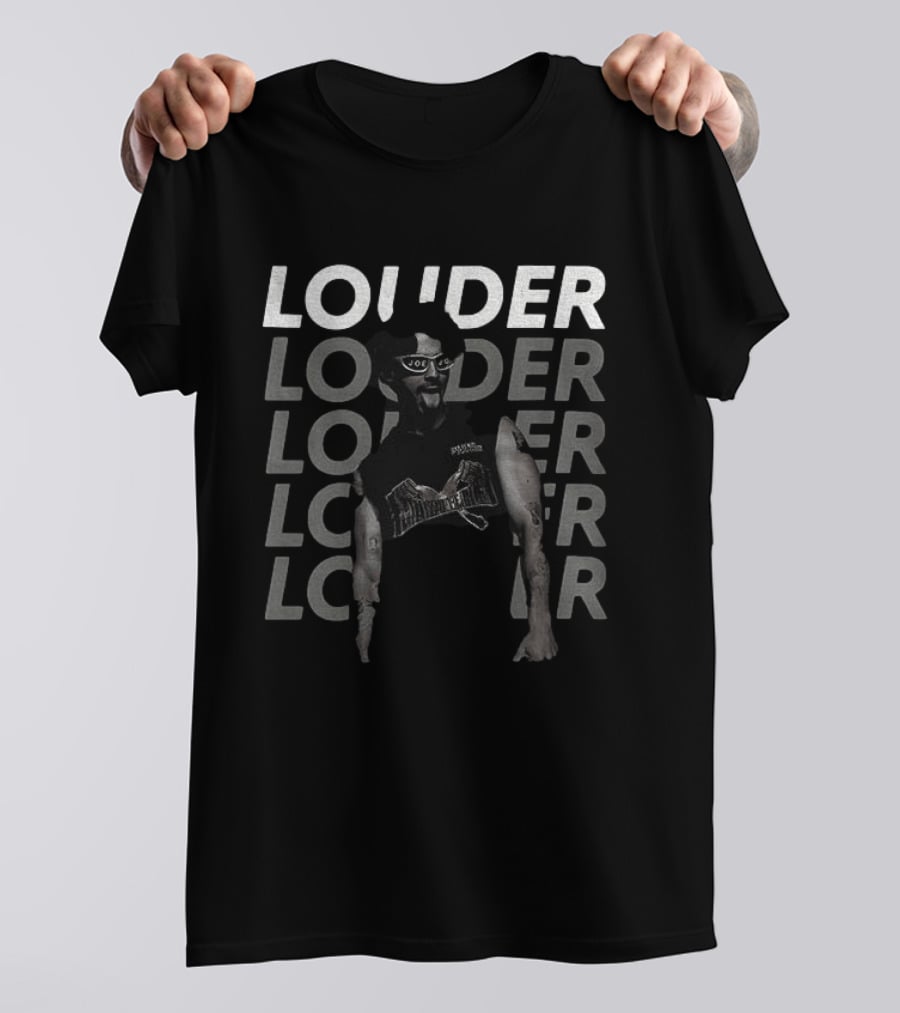 Joe Jonas Louder Graphic With Repeated Text And Guitar T-Shirt