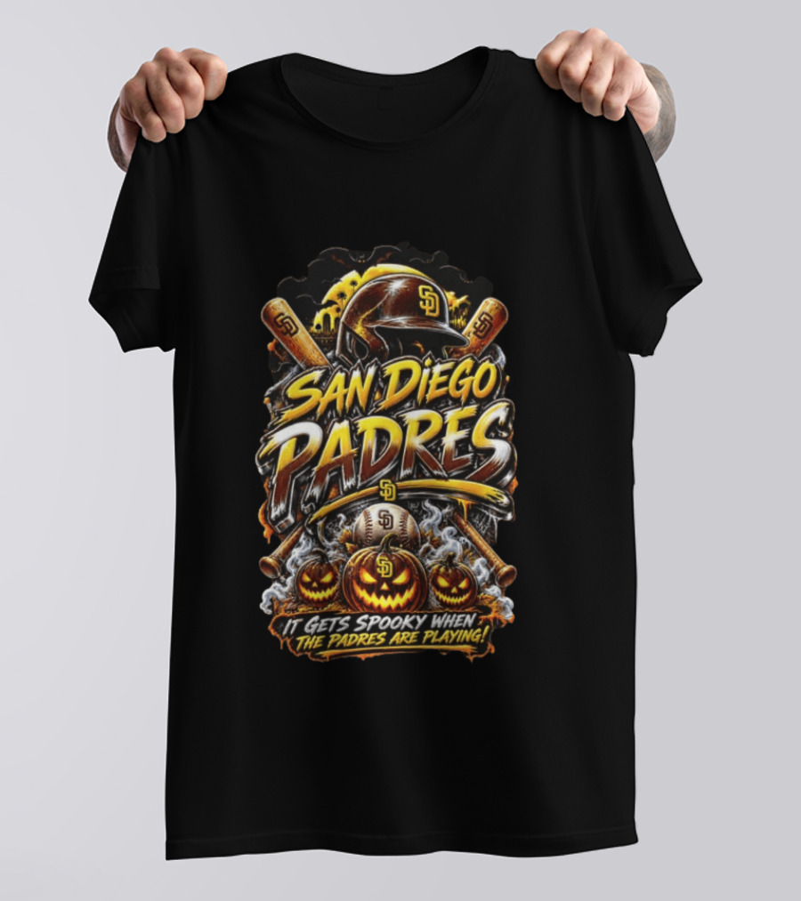 San Diego Padres It Gets Spooky When The Padres Are Playing Halloween Baseball Pumpkins Bats T-Shirt