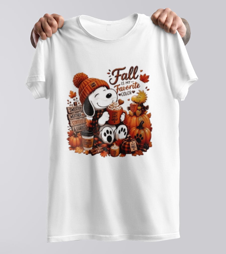 Fall Is My Favorite Color Sweater Weather Coffee Leaves Cozy Days Cartoon Dog Bird Pumpkins T-Shirt