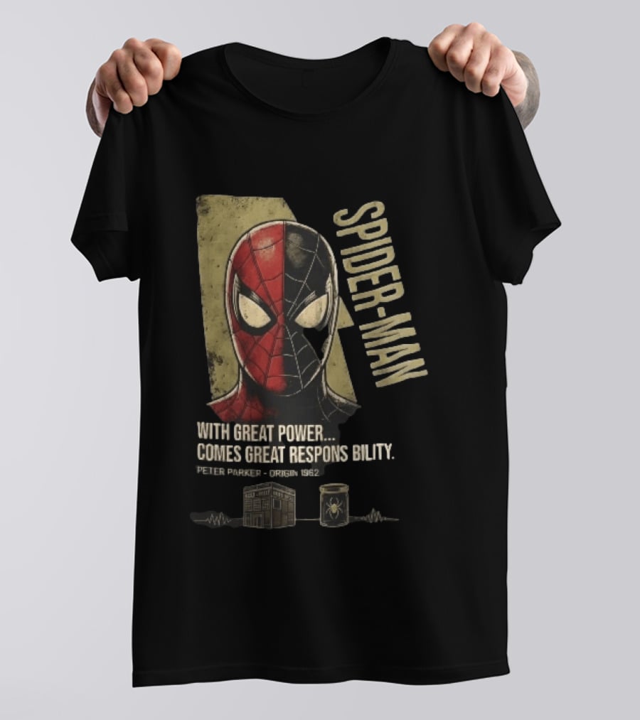 Spider Man With Great Power Comes Great Responsibility Peter Parker Origin 1962 Split Mask T-Shirt