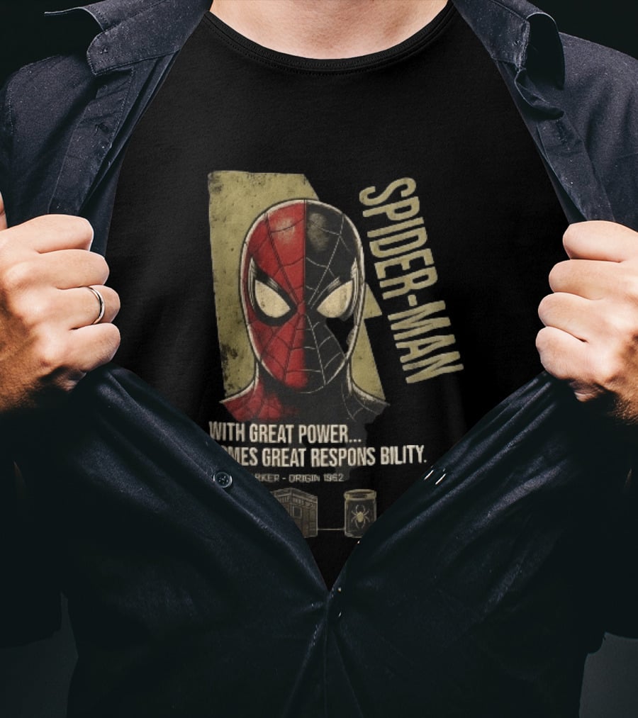 Spider Man With Great Power Comes Great Responsibility Peter Parker Origin 1962 Split Mask T-Shirt