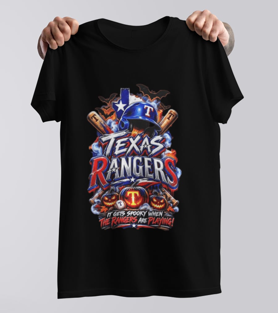 Texas Rangers Spooky Halloween Baseball Bats And Pumpkins T-Shirt