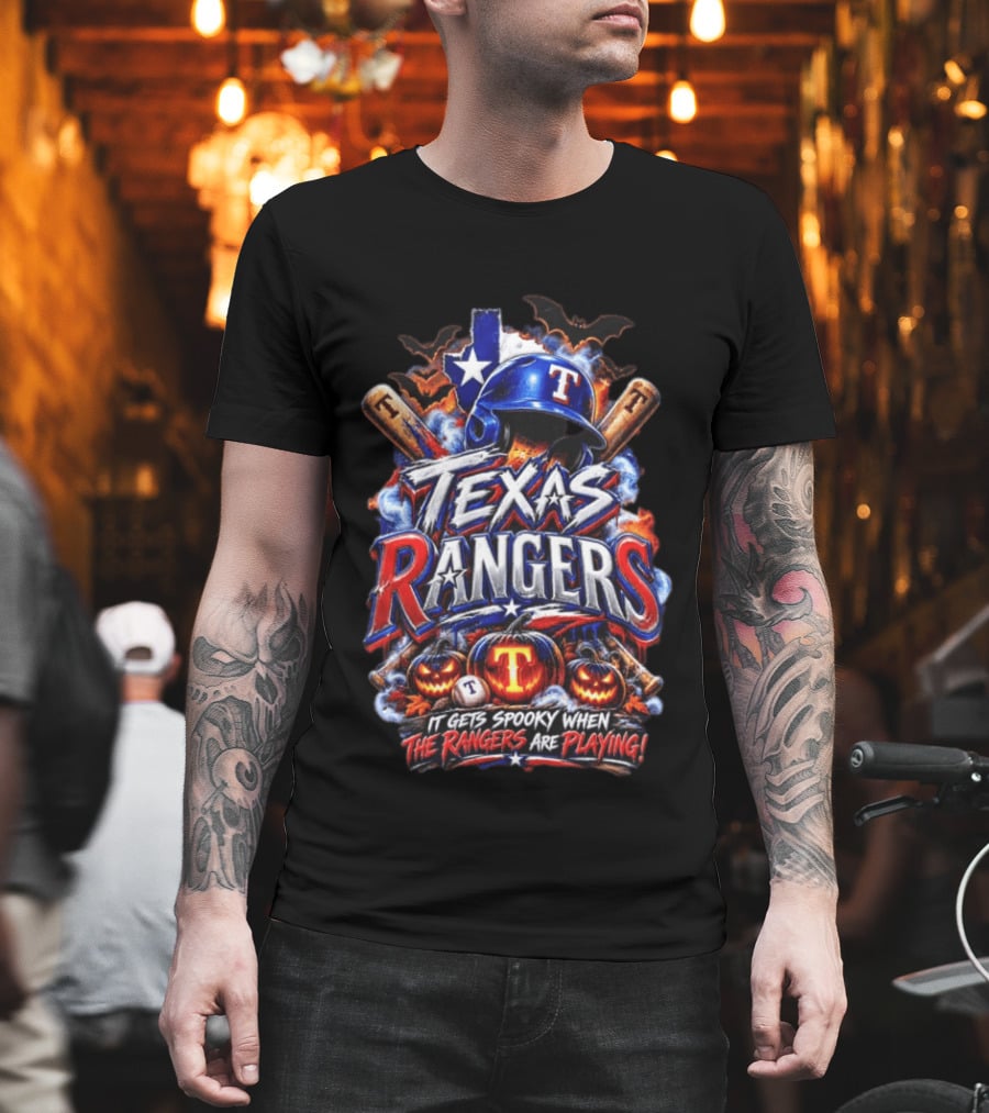 Texas Rangers Spooky Halloween Baseball Bats And Pumpkins T-Shirt