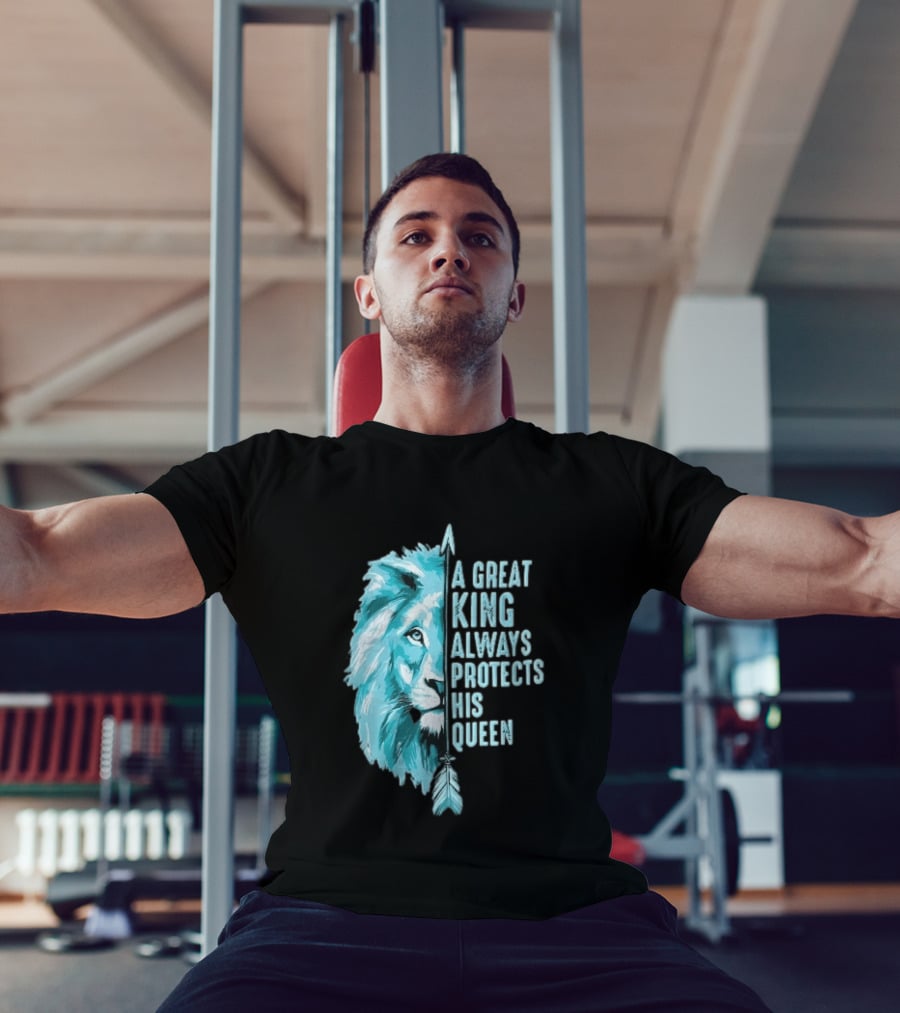 A Great King Always Protects His Queen Cyan Lion Vertical Feathers T-Shirt