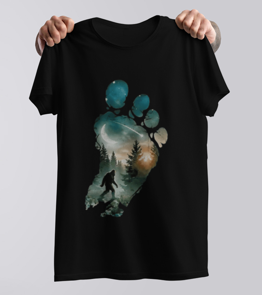 Bigfoot Footprint Moon Mountain Trees Forest Sasquatch Night Scene T-Shirt