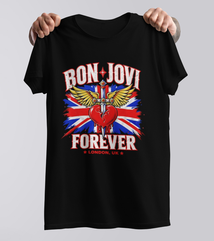 Bon Jovi Forever London UK Tour Union Jack Heart And Dagger Wings T-Shirt