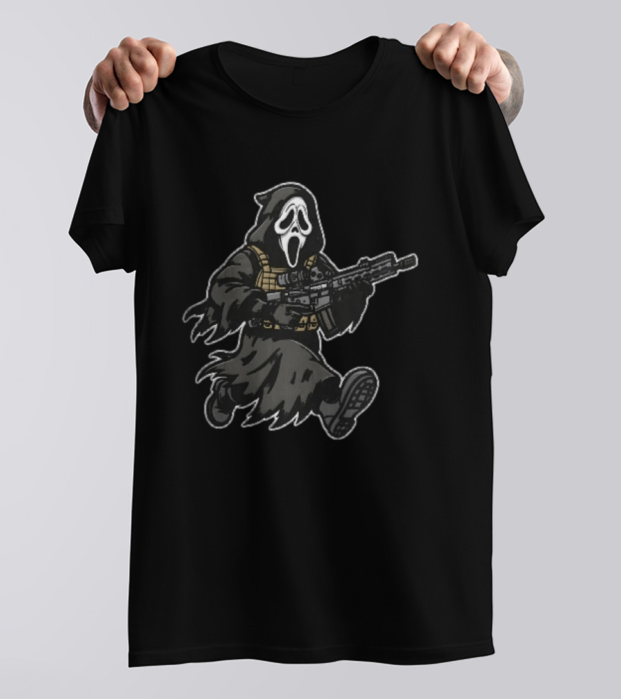 Cartoon Hooded Tactical Ghost Mask Running Assault Rifle T-Shirt