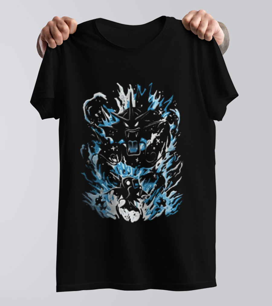 Dark Cartoon Red Gyarados Gold Magikarp Splashing Water Waves Pokémon Collection T-Shirt