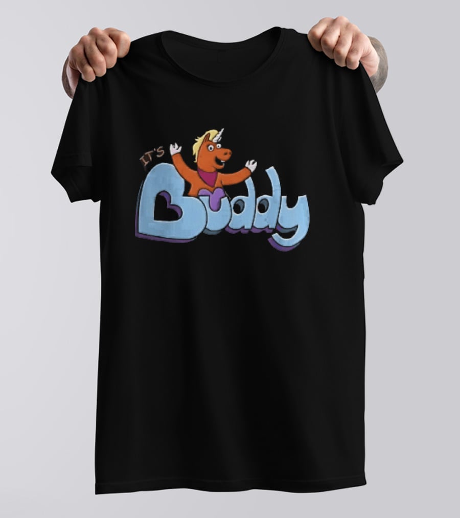 Its Buddy Cartoon Orange Unicorn Horse Purple Scarf Raised Arms T-Shirt