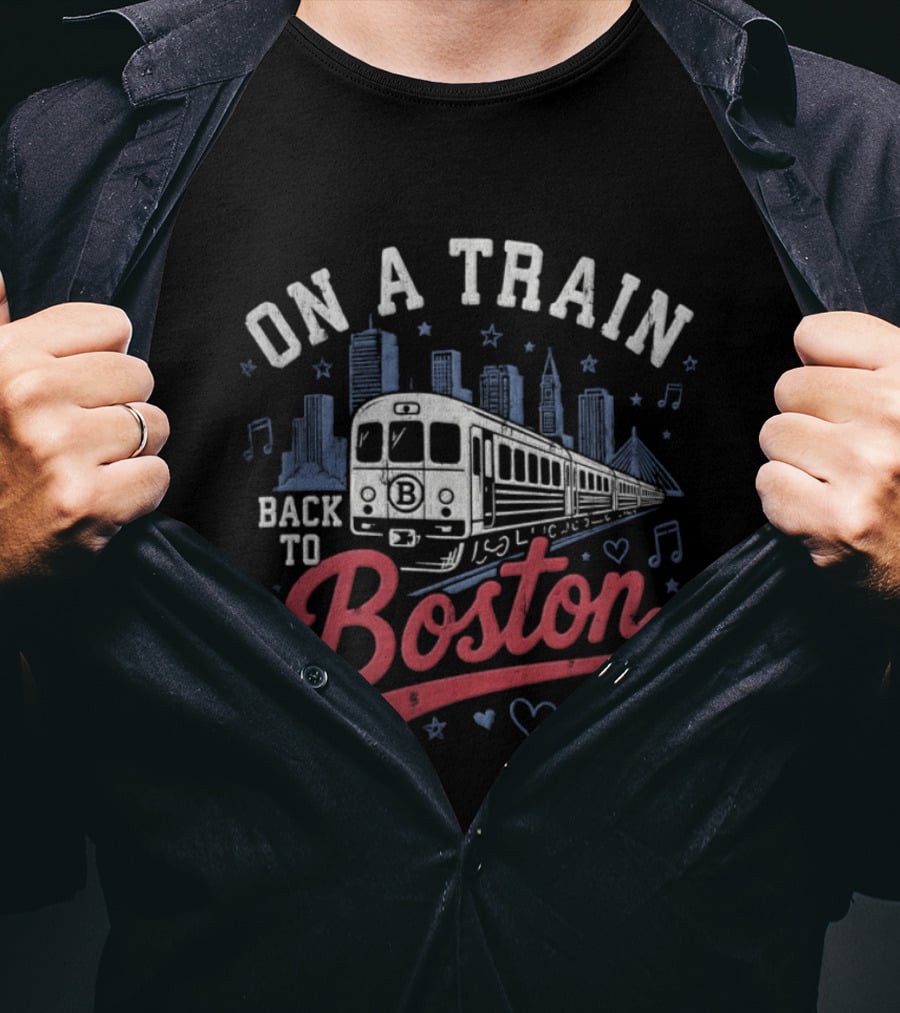 On A Train Back To Boston City Skyline With Musical Notes And Hearts T-Shirt