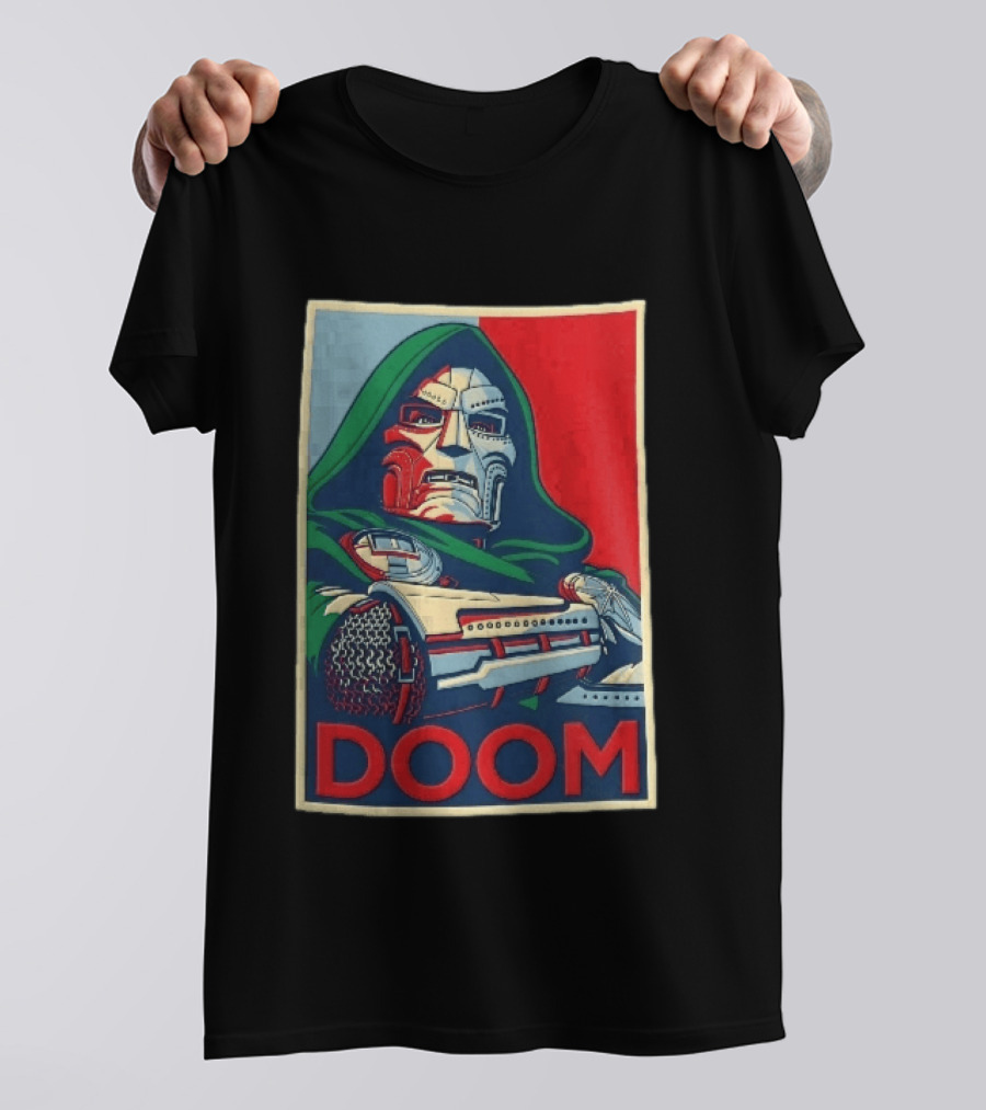 Doom Supervillain Mask Hooded Armored Gauntlets Red Blue T-Shirt