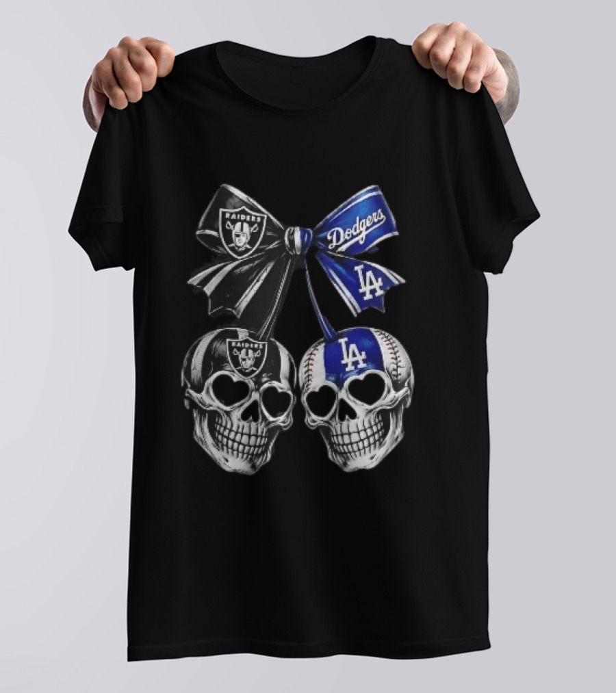 Las Vegas Raiders Los Angeles Dodgers MLB Skulls Cherry Heart Eye Sockets Bow Ribbon T-Shirt