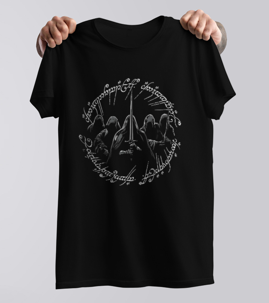 Five Hooded Nazgul Dark Wraiths Tengwar Script Middle Earth Ring Sword T-Shirt