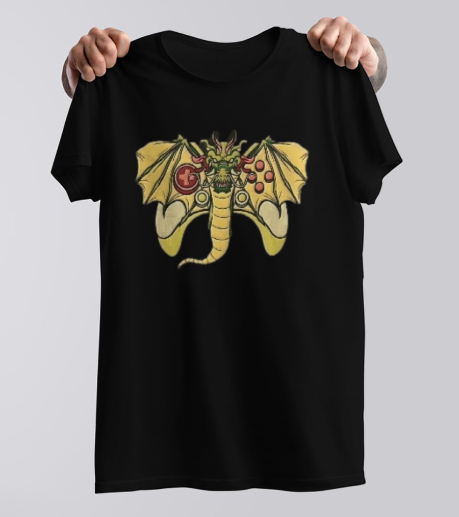 Green Chinese Dragon Head Gamepad Controller Wings Tail Cartoon Gamer Fun T-Shirt