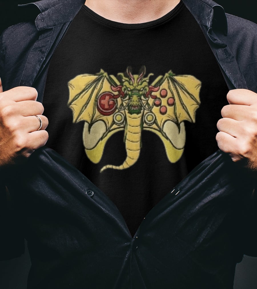 Green Chinese Dragon Head Gamepad Controller Wings Tail Cartoon Gamer Fun T-Shirt