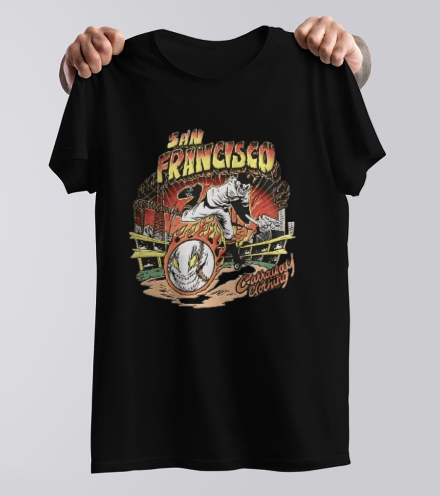 San Francisco Giants Skeleton Pitcher Flaming Baseball Golden Gate Bridge Carraway Clothing T-Shirt