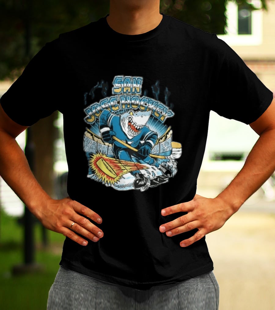 San Jose Hockey Cartoon Skating Shark Flaming Puck Ice Rink T-Shirt