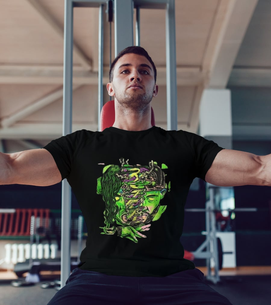 Split Green Head Glowing Yellow Eyes Neon Cartoon Halftone T-Shirt