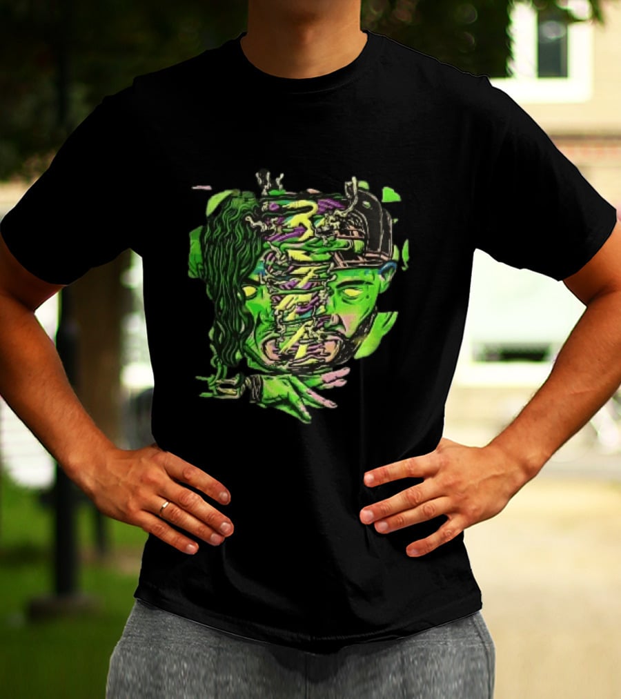 Split Green Head Glowing Yellow Eyes Neon Cartoon Halftone T-Shirt