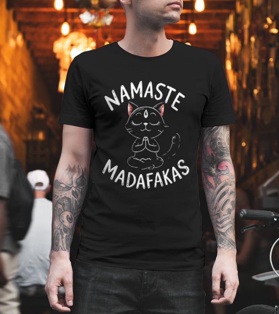 Namaste Madafakas Meditating Black Cat Lotus Pose T-Shirt