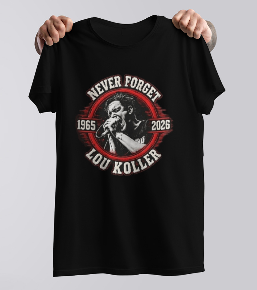 Never Forget Lou Koller 1965 2026 Singer Screaming Microphone Red Frame T-Shirt