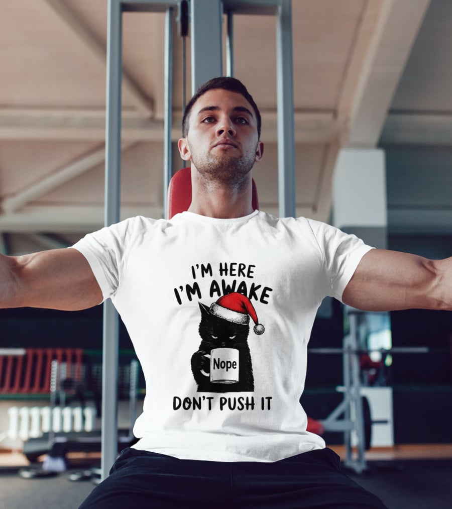 Black Cat Santa I'm Here I'm Awake Nope Don't Push It Holiday T-Shirt