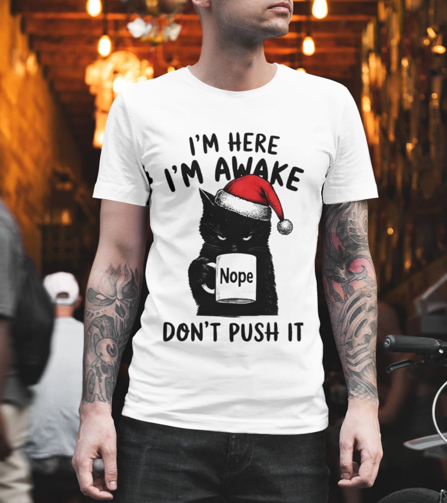Black Cat Santa I'm Here I'm Awake Nope Don't Push It Holiday T-Shirt