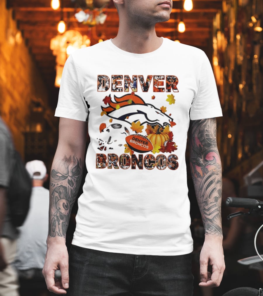 Denver Broncos Football Autumn Fall Leaves Pumpkin Halloween 2026 T-Shirt