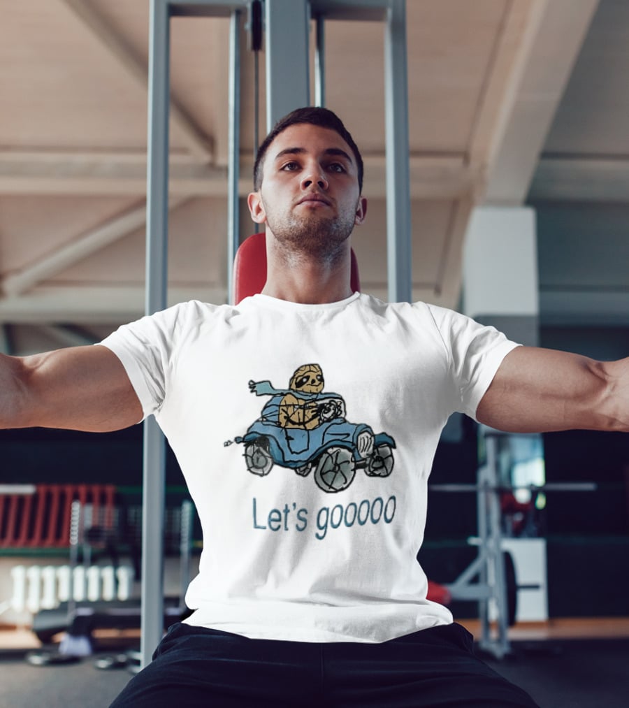 Let's Gooooo Cartoon Sloth Scarf Driving Blue Car Sketch T-Shirt
