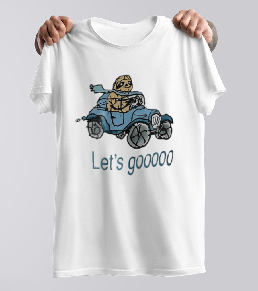 Let's Gooooo Cartoon Sloth Scarf Driving Blue Car Sketch T-Shirt