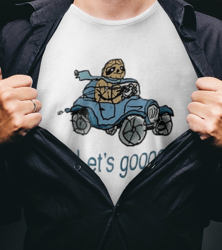 Let's Gooooo Cartoon Sloth Scarf Driving Blue Car Sketch T-Shirt